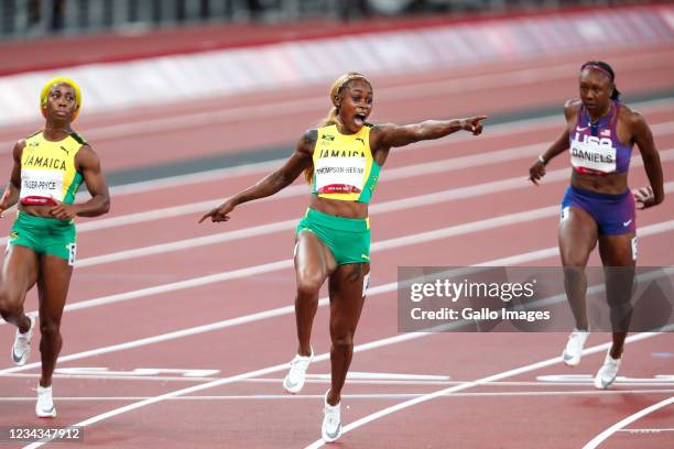 Elaine Thompson-Herah of Jamaica wins the womens 100m final during the Athletics event on Day 8 of the Tokyo 2020 Olympic Games at the Olympic...