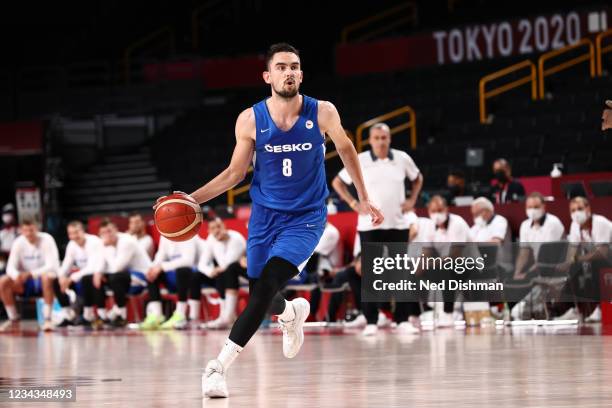 Tomas Satoransky of the Czech Republic Men's National Team dribbles the ball against USA Men's National Team during the 2020 Tokyo Olympics on July...