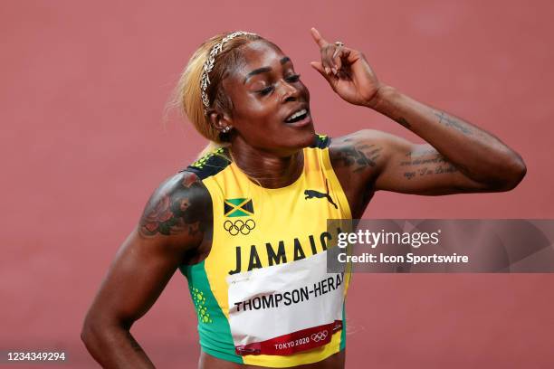 Elaine Thompson-Herah of Team Jamaica celebrates after winning the Women's 100m Final on Day 8 of the Tokyo 2020 Olympic Games at Olympic Stadium on...