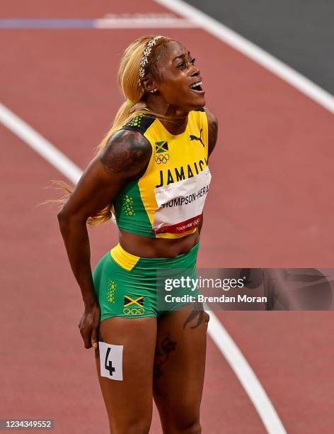 Tokyo , Japan - 31 July 2021; Elaine Thompson-Herah of Jamaica celebrates after winning the women's 100 metres final in a new olympic record time on...