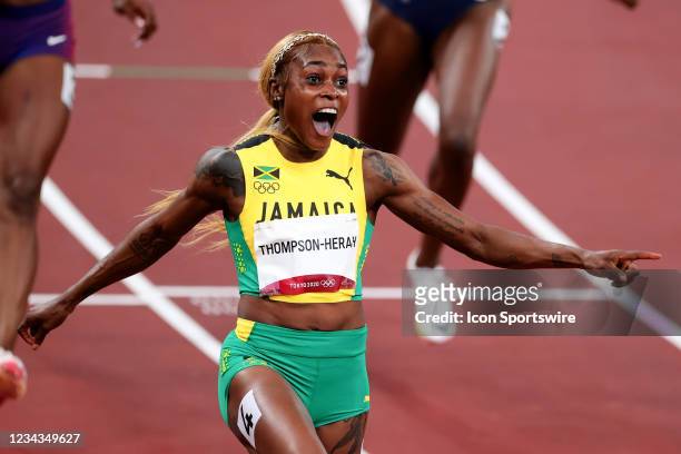Elaine Thompson-Herah of Team Jamaica celebrates after winning the Women's 100m Final on Day 8 of the Tokyo 2020 Olympic Games at Olympic Stadium on...