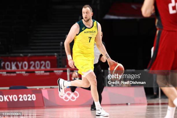 Joe Ingles of the Australia Men's National Team dribbles the ball against Germany Men's National Team during the 2020 Tokyo Olympics on July 31, 2021...