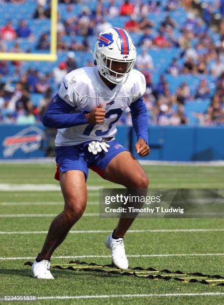 Gabriel Davis of the Buffalo Bills runs a drill during training camp at Highmark Stadium on July 31, 2021 in Orchard Park, New York.