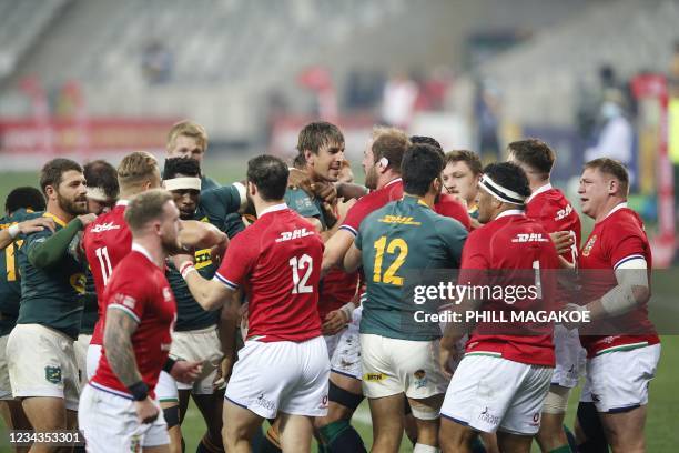 South Africa's lock Eben Etzebeth scuffle with British and Irish Lions' prop Alun Wyn Jones during the second rugby union Test match between South...