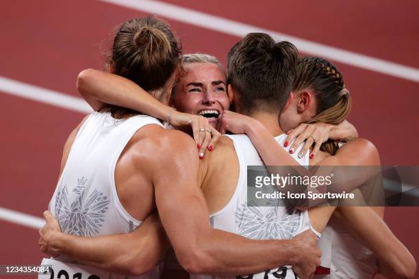 Team Poland celebrate the win during the Mixed 4 x 400m Relay Final on Day 8 of the Tokyo 2020 Olympic Games at Olympic Stadium on July 31, 2021 in...