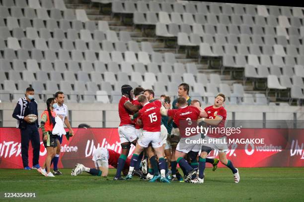 Players scuffle during the second rugby union Test match between South Africa and the British and Irish Lions at The Cape Town Stadium in Cape Town...