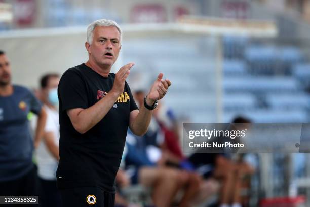 Roma's head coach Jose Mourinho reacts during an international club friendly football match between AS Roma and Sevilla FC at the Algarve stadium in...