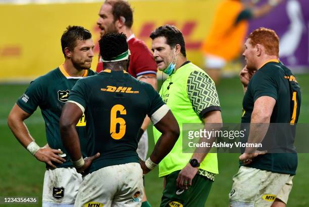 Cape Town , South Africa - 31 July 2021; South Africa head coach Rassie Erasmus speaks to his players during the second test of the British and Irish...