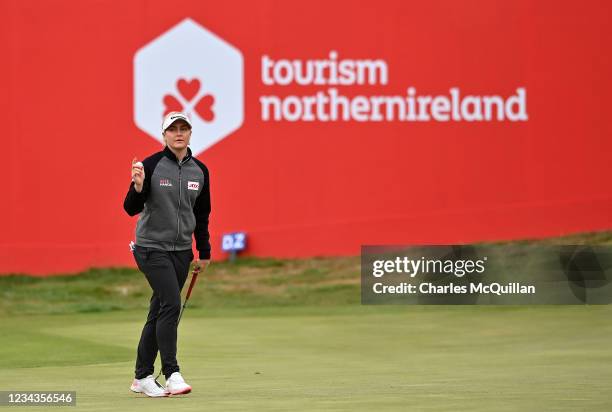 Charley Hull of England on the 18th during Day Three of The ISPS HANDA World Invitational at Galgorm Spa & Golf Resort on July 31, 2021 in Ballymena,...