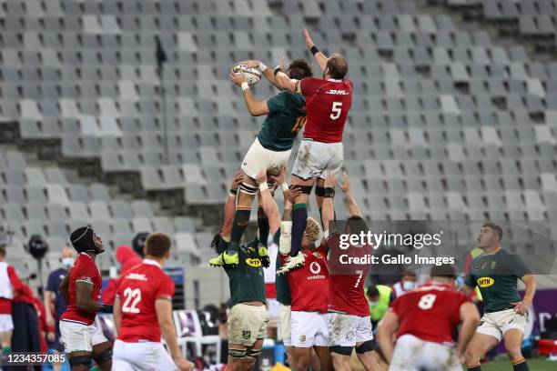 Lood de Jager of South Africa steals a lineout ball from British & Irish Lions captain Alun Wyn Jones during the 2nd Test between South Africa...