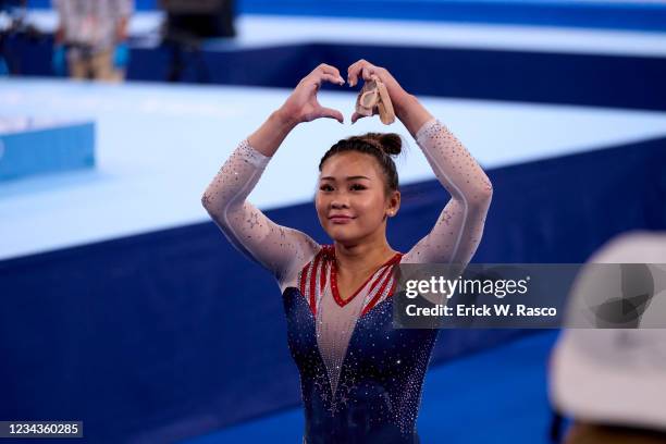 Summer Olympics: USA Sunisa Lee victorious making heart shape with hands during Women's Artistic Individual All-Around at Ariake Gymnastics Centre....