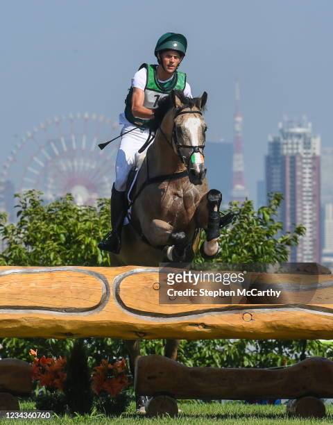 Tokyo , Japan - 1 August 2021; Sam Watson of Ireland riding Flamenco during the eventing cross country team and individual session at the Sea Forest...