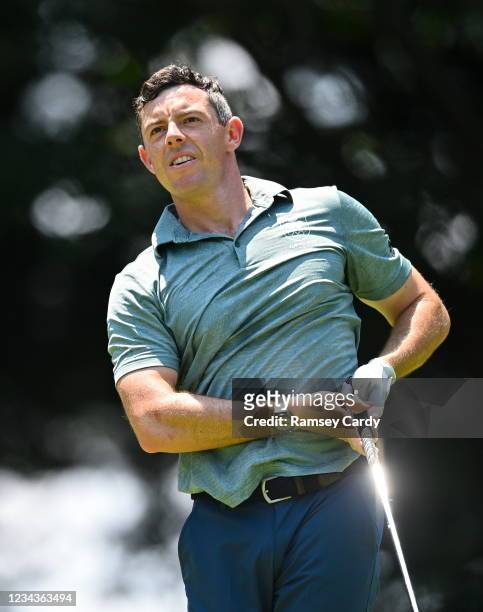 Saitama , Japan - 1 August 2021; Rory McIlroy of Ireland watches his teee shot on the fourth hole during round 4 of the men's individual stroke play...