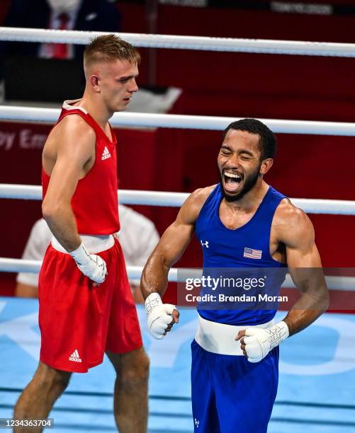 Tokyo , Japan - 1 August 2021; Duke Ragan of USA celebrates after defeating Kurt Walker of Ireland in their men's featherweight quarter-final bout at...