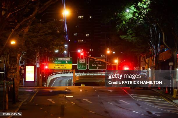 The general view shows empty streets in central Brisbane early on August 1 after Australia's third-largest city Brisbane and other parts of...