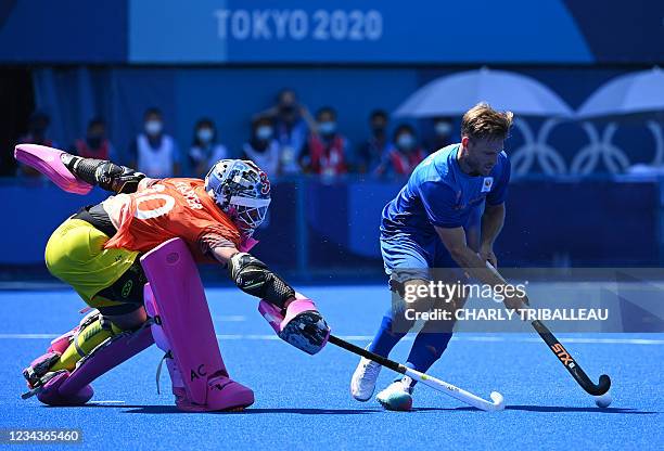 Australia's goalkeeper Andrew Lewis Charter vies for the ball with Netherlands' Jeroen Hertzberger during the penalty shoot-out after tying 2-2 in...