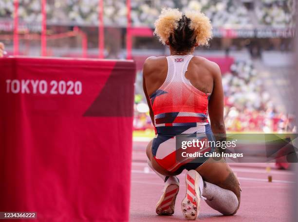 Jazmin Sawyers of Great Britain waits for the display to show the distance she jumped in the qualification round of the womens long jump during the...