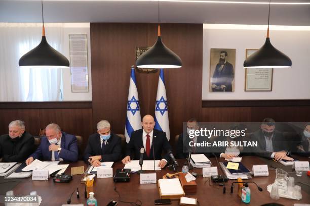 Israel's Prime Minister Naftali Bennett attends the weekly cabinet meeting in Jerusalem on August 1, 2021.