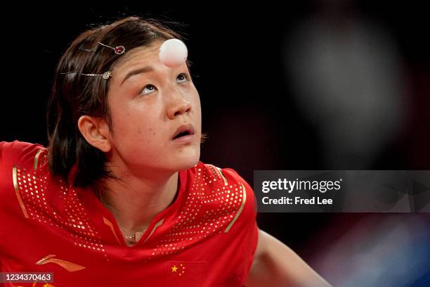 Chen Meng of Team China in action during her Women's Team Round of 16 table tennis match on day nine of the Tokyo 2020 Olympic Games at Tokyo...