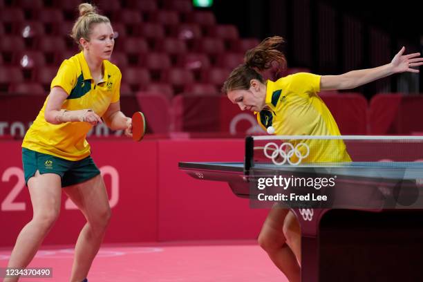 Tapper Melissa and Bromley Michelle of Australia in action during her Women's Team Round of 16 table tennis match on day nine of the Tokyo 2020...