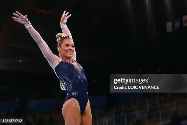 S Mykayla Skinner competes in the vault event of the artistic gymnastics women's vault final during the Tokyo 2020 Olympic Games at the Ariake...