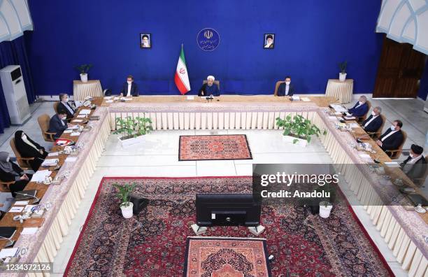 Iranian President Hassan Rouhani speaks after the last cabinet meeting of the 12th government of Iran in Tehran, Iran on August 01, 2021.