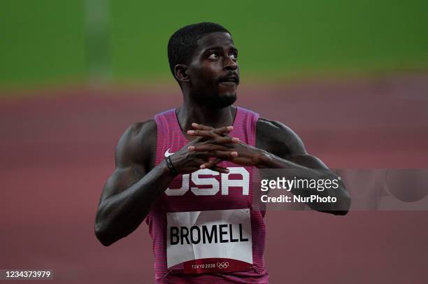 Trayvon Bromell during 100 meter for men at the Tokyo Olympics, Tokyo Olympic stadium, Tokyo, Japan on August 1, 2021.