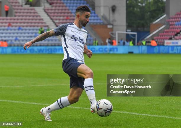 Preston North End's Sean Maguire during the Pre-Season Friendly match between Wigan Athletic and Preston North End at DW Stadium on July 30, 2021 in...