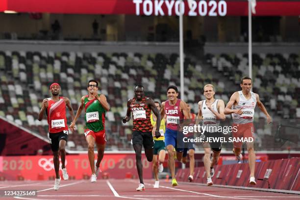 Tunisia's Abdessalem Ayouni, Mexico's Jesus Tonatiu Lopez, Kenya's Emmanuel Kipkurui Korir, USA's Bryce Hoppel, Belgium's Eliott Crestan and Poland's...