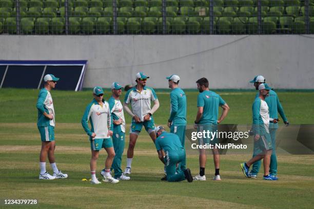 Australia's players attend a practice session at the Sher-e-Bangla National Cricket Stadium in Dhaka, Bangladesh on August 1, 2021. Ahead of their...