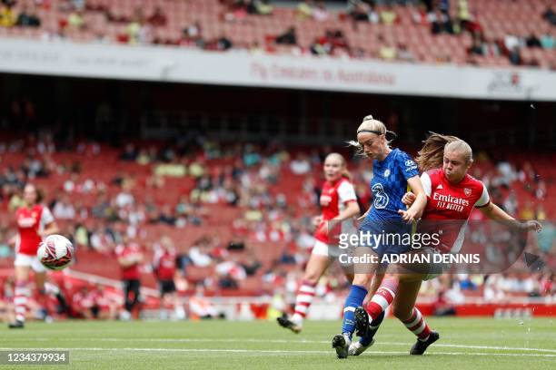 Arsenal's Freya Jupp shoots to score a goal during the pre-season friendly women's football match between Arsenal and Chelsea at The Emirates Stadium...