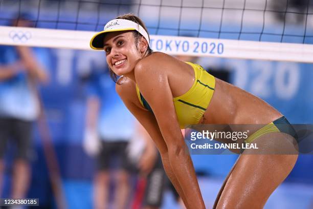 Australia's Taliqua Clancy smiles in their women's beach volleyball round of 16 match between Australia and China during the Tokyo 2020 Olympic Games...