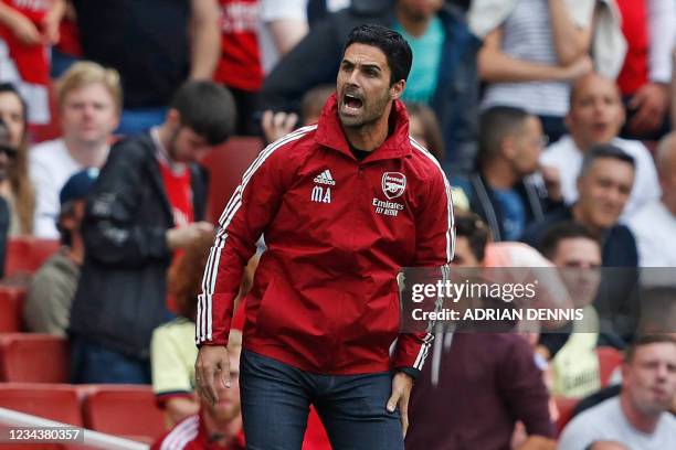 Arsenal's Spanish manager Mikel Arteta gestures on the touchline during the pre-season friendly football match between Arsenal and Chelsea at The...