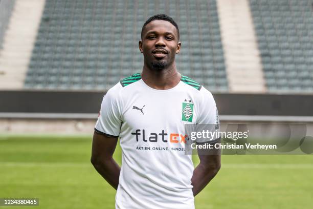 Marcus Thuram pose during the Team Presentation of Borussia Moenchengladbach at Borussia-Park on August 01, 2021 in Moenchengladbach, Germany.