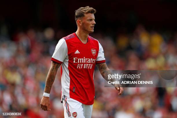 Arsenal's English defender Ben White during the pre-season friendly football match between Arsenal and Chelsea at The Emirates Sadium in north London...