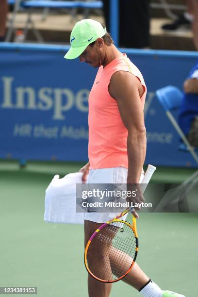 Rafael Nadal of Spain walks out to the court for a practice session on Day 2 of Citi Open at Rock Creek Tennis Center on August 1, 2021 in...