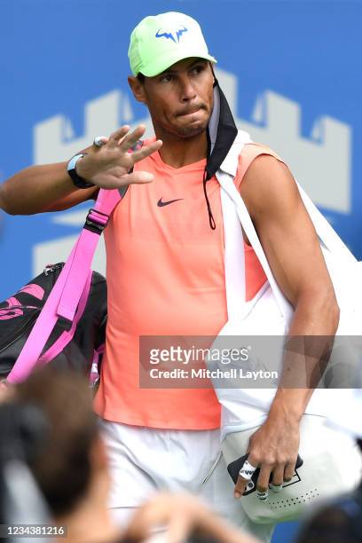 Rafael Nadal of Spain walks out on court for a practice session on Day 2 of Citi Open at Rock Creek Tennis Center on August 1, 2021 in Washington, DC.