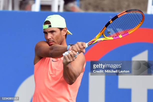 Rafael Nadal of Spain hits the ball during a practice session on Day 2 during the Citi Open at Rock Creek Tennis Center on August 1, 2021 in...