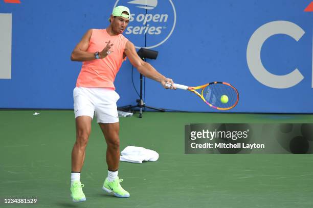 Rafael Nadal of Spain hits the ball during a practice session on Day 2 of the Citi Open at Rock Creek Tennis Center on August 1, 2021 in Washington,...