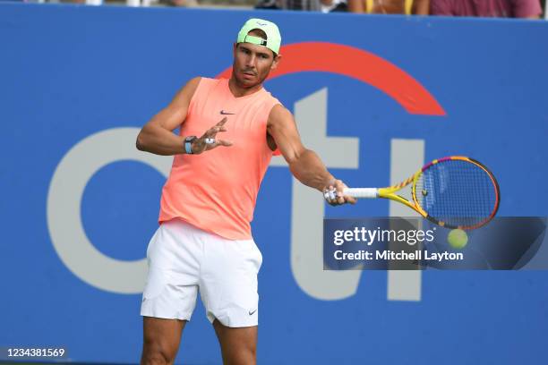 Rafael Nadal of Spain hits the ball during a practice session on Day 2 of Citi Open at Rock Creek Tennis Center on August 1, 2021 in Washington, DC.