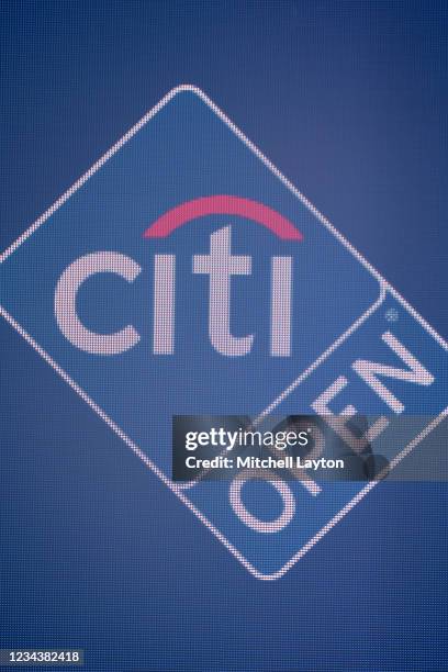 Citi Open logo on the Digital board during a practice session on Day 2 during the Citi Open at Rock Creek Tennis Center on August 1, 2021 in...