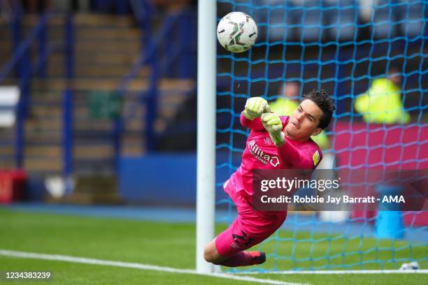 Lee Nicholls of Huddersfield Town saves a penalty during the penalty shootout during the Carabao Cup First Round match between Sheffield Wednesday...