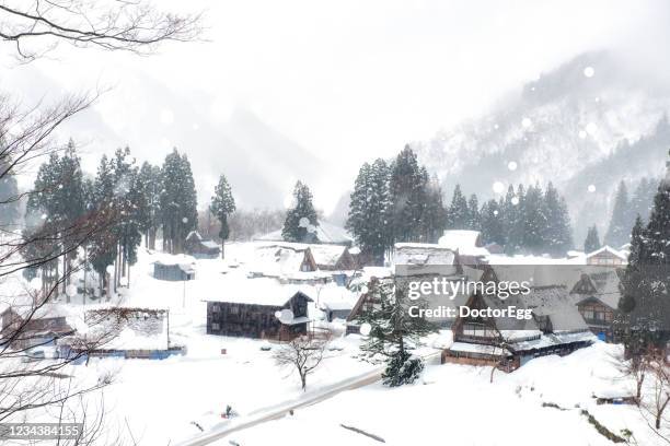 scenic view of japanese farmer house village " gassho zukuri style " in winter at ainokura village, toyama, japan - rieten dak stockfoto's en -beelden