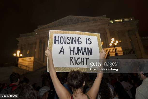 Demonstrators gather during a protest against the expiration of the eviction moratorium outside of the U.S. Capitol in Washington, D.C., U.S., on...
