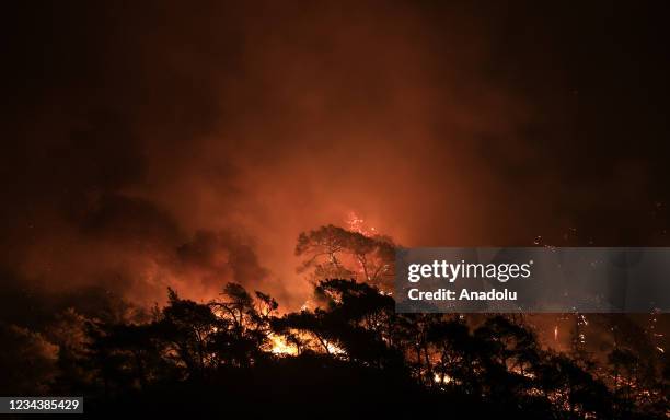 Smoke rises as fight against forest fires broke out in Marmaris district of Mugla continue with ground and aerial extinguishing operations on August...