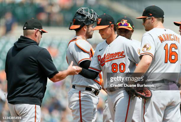 Spenser Watkins of the Baltimore Orioles is pulled by manager Brandon Hyde as Trey Mancini looks on during the sixth inning of a game against the...