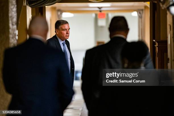 Senator Mark Warner walks through the basement of U.S. Capitol Building on August 1, 2021 in Washington, DC. Congress is working to come to an...