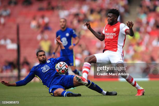 Thomas Partey of Arsenal tangles with Ruben Loftus-Cheek of Chelsea during the Pre Season Friendly between Arsenal and Chelsea at Emirates Stadium on...