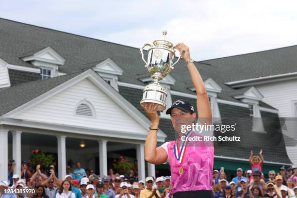 Annika Sorenstam of Sweden holds up the trophy after winning the 2021 U.S. Senior Women's Open Championship at at Brooklawn Country Club on August 1,...