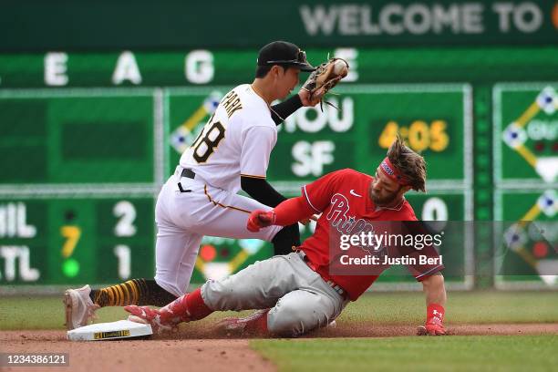 Bryce Harper of the Philadelphia Phillies slides safely into second base past Hoy Park of the Pittsburgh Pirates for a double in the seventh inning...